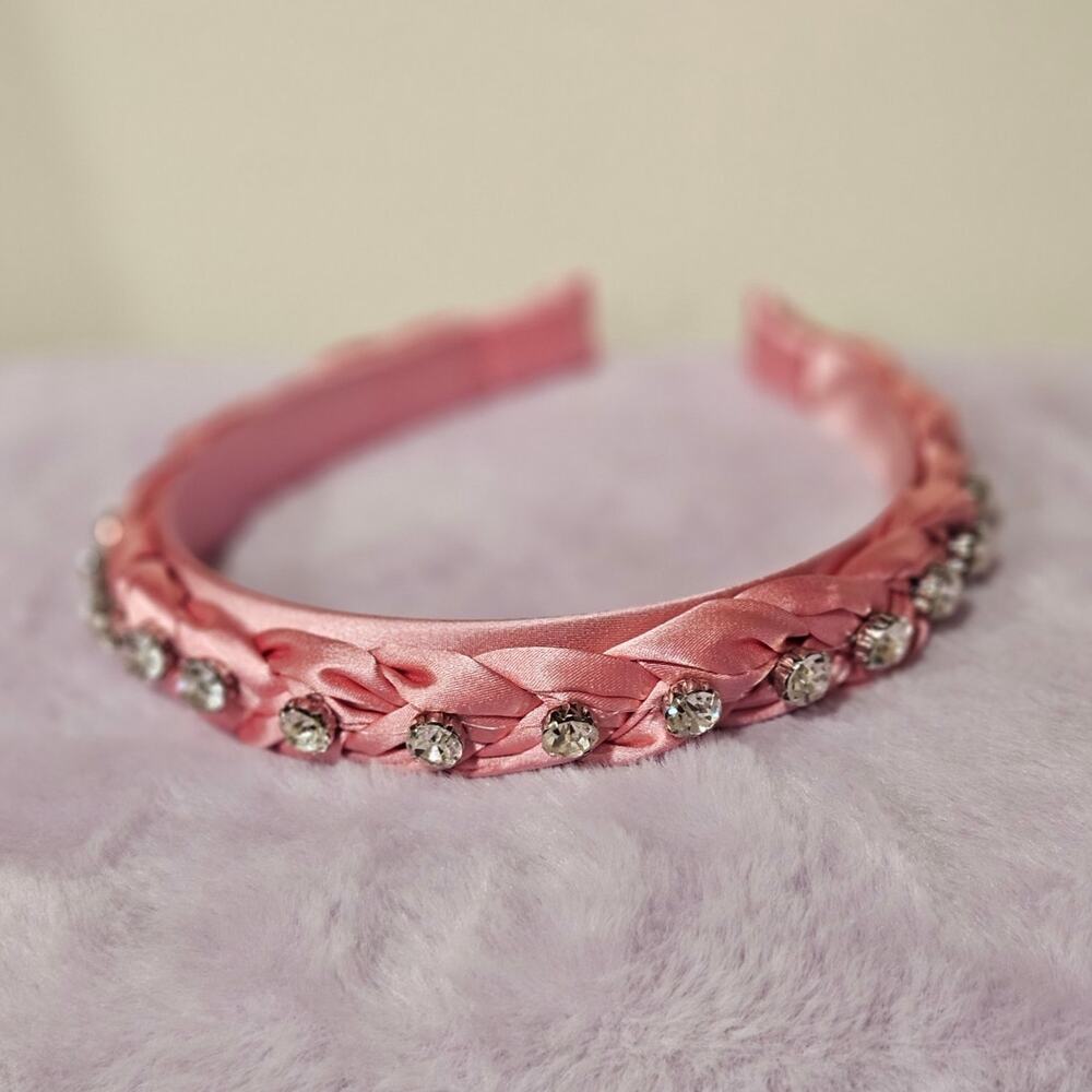 🦄 Preppy Coquette Barbiecore Pink Satin Braided Large Rhinestone Headband